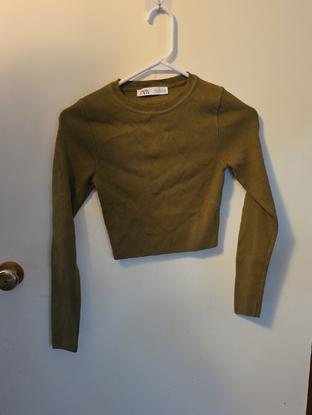 Zara Olive Cropped Long-Sleeve Knit Top